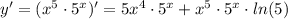 y' = ({x}^{5} \cdot {5}^{ x })' = 5 {x}^{4} \cdot {5}^{ x } + {x}^{5} \cdot {5}^{x} \cdot ln(5)