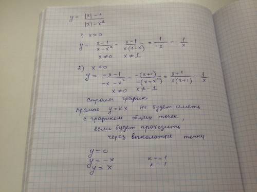 ﻿﻿постройте график функции у=|x|-1: |x|-x^2 определите, при каких значениях k прямая y=kx не имеет с