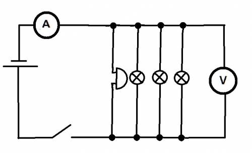 Нарисовать схему соединения, используя источник тока и ключ; параллельно 3 лампочки, звонок, амперме