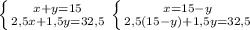 \left \{ {{x + y = 15} \atop {2,5x + 1,5y = 32,5}} \right. \left \{ {{x = 15 - y} \atop {2,5(15 - y) + 1,5y = 32,5}} \right.