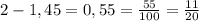 2-1,45=0,55= \frac{55}{100} = \frac{11}{20}