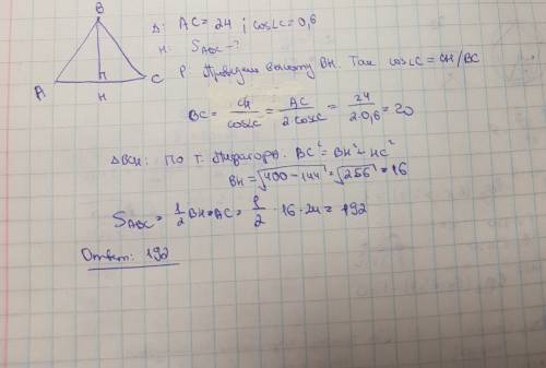 Вравнобедренном треугольнике авс длина основания ас равна 24, а cosc = 0,6. найдите площадь треуголь