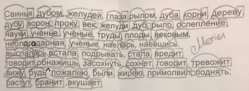 Разбор по составу, ! свинья, дубом, желудей, глаза,рылом, дуба, корни, дереву, дубу, ворон, проку, в