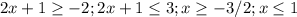 2x+1 \geq -2; 2x+1 \leq 3; x \geq -3/2; x \leq 1