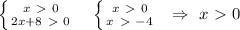 \left \{ {{x \ \textgreater \ 0} \atop {2x+ 8 \ \textgreater \ 0}} \right. \ \ \ \left \{ {{x \ \textgreater \ 0} \atop {x \ \textgreater \ -4}} \right. \ \ \Rightarrow \ x\ \textgreater \ 0