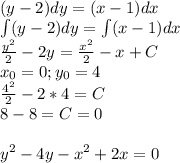 (y-2)dy=(x-1)dx\\&#10;\int (y-2)dy=\int (x-1)dx\\&#10; \frac{y^2}{2} -2y= \frac{x^2}{2} -x+C\\&#10;x_0=0;y_0=4\\&#10; \frac{4^2}{2} -2*4=C\\&#10;8-8=C=0\\\\ y^2-4y-x^2+2x=0