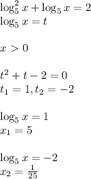 \log^2_5x + \log_5x = 2\\ \log_5x = t\\\\&#10;x \ \textgreater \ 0\\\\&#10;t^2+t-2=0\\ t_1 = 1, t_2 = -2\\\\ \log_5x=1\\ x_1 = 5\\\\ \log_5x = -2\\ x_2 = \frac{1}{25}\\