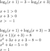 \log_2(x+1) = 3 - \log_2(x+3)\\\\&#10;x + 1 \ \textgreater \ 0\\&#10;x+3 \ \textgreater \ 0\\&#10;x \ \textgreater \ -1\\\\&#10;\log_2(x+1) +\log_2(x+3)=3\\ (x+1)(x+3) = 8\\ x^2 + 3x + x + 3-8=0\\ x^2+4x-5=0\\ x=1\\