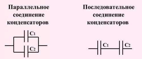 Составьте схему двух последовательно включённых, и двух параллельно включённых конденсаторов каждый