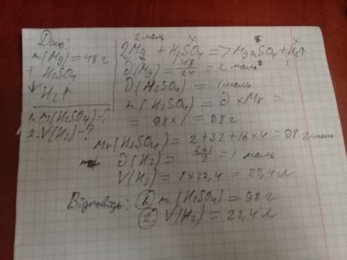 Під час реакції mg масою 48 г. із н2so4 виділився водень. яка маса кислои вступила у реакцію, та яки