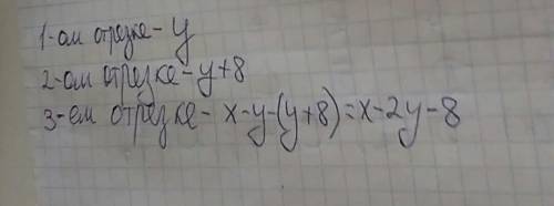 Втрех отрезках x и ткани.в первом отрезке y м, а во втором на 8 м больше , чем в первом.сколько метр