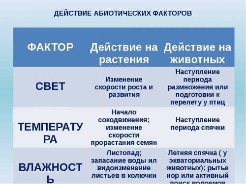 Краткая характеристика действия абиотического фактора среды