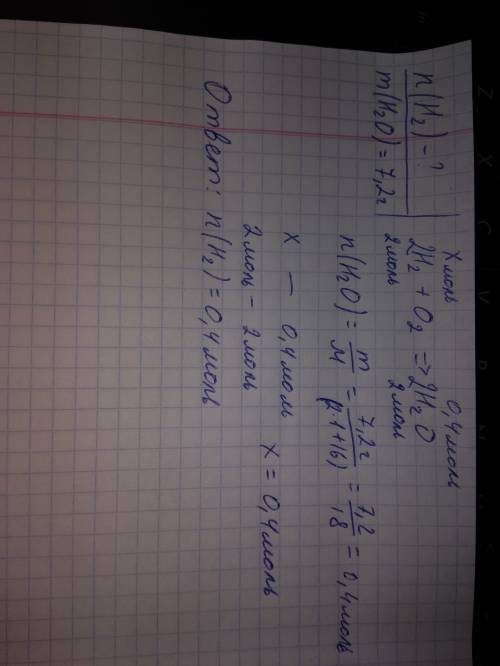 Какое количество вещества водорода вступило в реакцию с кислородом,если при этом образовалось 7.2 г