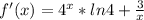 f'(x)= 4^{x}*ln4+ \frac{3}{x}