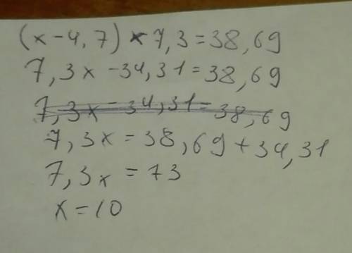 Решите уравнение: (x-4,7)×7,3=38,69