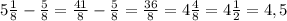 5 \frac{1}{8} - \frac{5}{8} = \frac{41}{8} - \frac{5}{8} = \frac{36}{8} = 4 \frac{4}{8} = 4 \frac{1}{2} = 4,5