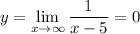 y=\displaystyle\lim_{x \to \infty}\dfrac{1}{x-5}=0