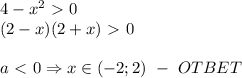 4-x^2\ \textgreater \ 0 \\ (2-x)(2+x)\ \textgreater \ 0 \\ \\ a\ \textless \ 0 \Rightarrow x \in (-2;2)\ -\ OTBET