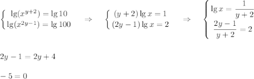 \displaystyle \left \{ {{\lg (x^{y+2})=\lg 10} \atop {\lg (x^{2y-1})=\lg 100}} \right.~~~\Rightarrow~~~\left \{ {{(y+2)\lg x=1} \atop {(2y-1)\lg x=2}} \right.~~~\Rightarrow~~~\left \{ {{\lg x=\dfrac{1}{y+2}} \atop {\dfrac{2y-1}{y+2}=2}} \right.\\ \\ \\ 2y-1=2y+4\\ \\ -5=0