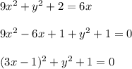 9x^2+y^2+2=6x\\ \\ 9x^2-6x+1+y^2+1=0\\ \\ (3x-1)^2+y^2+1=0