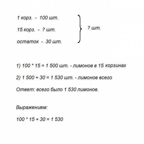 Сделать краткую запись к и решить её.лимоны раскладывали в корзины,по 100шт в каждую.сколько было ли