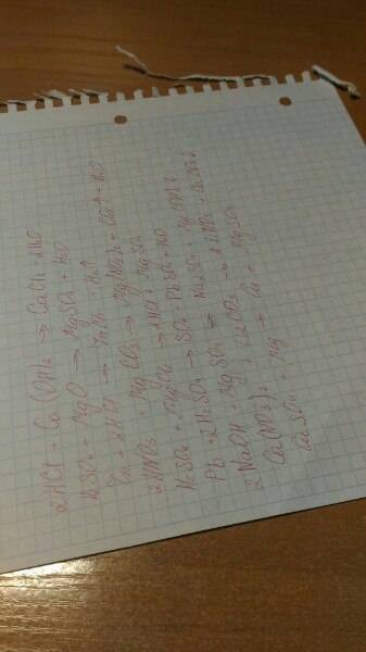 Кислоты типичные реакции 1.hci+ca(oh)2= 2.h2so4+mgo= 3.zn+hci= 4.hno3+mgco= 5.h2so4+mgci= 6.pb+h2so=