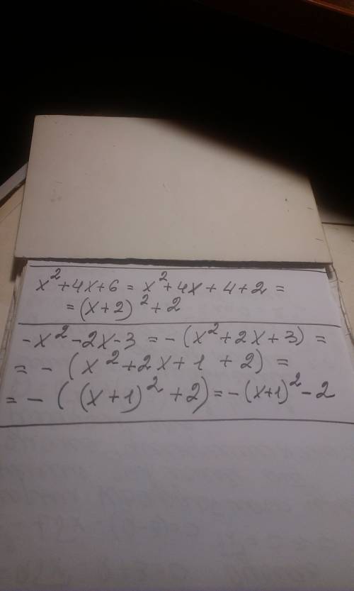 1)выделить в квадратном трехчлене y= x^2+4x+6 полный квадрат 2) выделить в квадратном трехчлене y= -