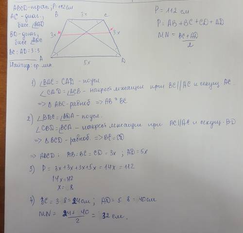 Решите диагонали трапеции являются биссектрисами острых углов найдите среднюю линию трапеции учитыва