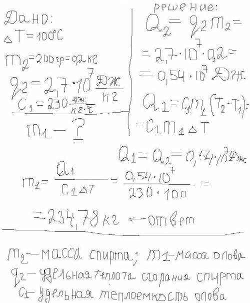 Какую массу олова можно нагреть на 100°с, если передать олову всю энергию, выделившуюся при горении