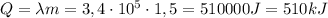 Q=\lambda m=3,4\cdot 10^5 \cdot 1,5=510000J=510kJ