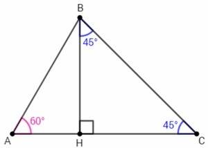 С! заранее ! высота треугольника равна 5 см, а углы, прилегающих к основанию, равны 60 и 45 градусов