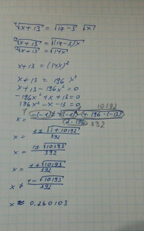 Корень 4-ой степени из х+13 = корень из 17 - 3 корень из х -( только х под корнем)