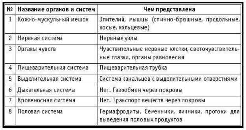 Заполните таблицу системы органов плоских червей