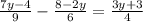 \frac{7y-4}{9} - \frac{8-2y}{6} = \frac{3y+3}{4}