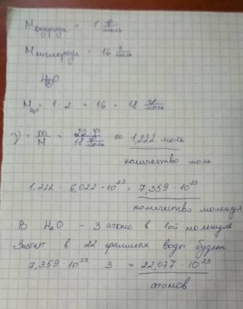 Определите число атомов h2o в 22 гр