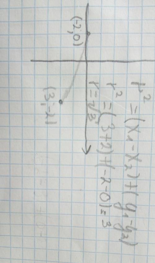 Написать уравнение окружности с центром в точке т (3; -2) проходящий через точку в(-2; 0)