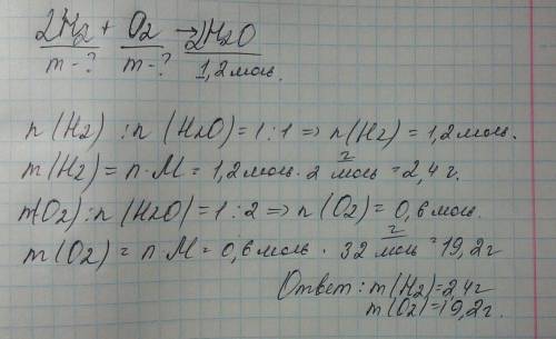 При реакции водорода h2 с кислородом o2 образуется вода, количеством вещества 1,2 моль. вычислите ма