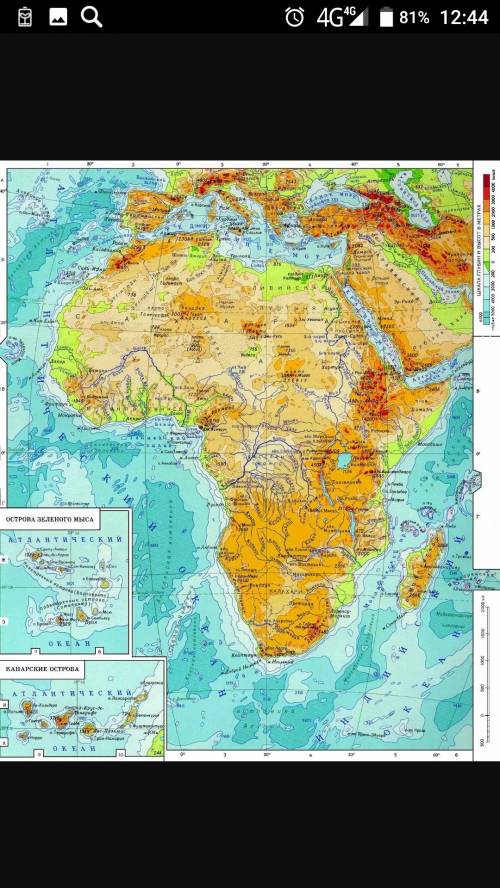 Нанесите на контурную карту африки равнины,горные системы,пустынни и все страны африки с границами.
