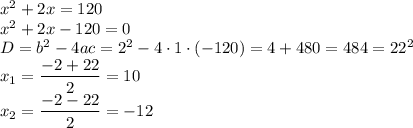 x^2+2x=120 \\ x^2+2x-120=0 \\ D=b^2-4ac=2^2-4\cdot1\cdot(-120)=4+480=484=22^2 \\ x_1= \dfrac{-2+22}{2}=10 \\ x_2= \dfrac{-2-22}{2}=-12