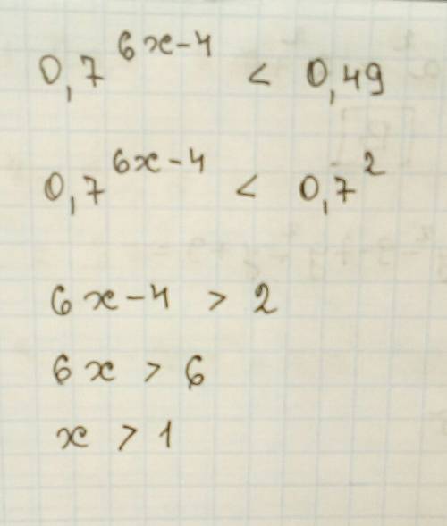 Решить неравенство 0,7^6x-4< 0,49