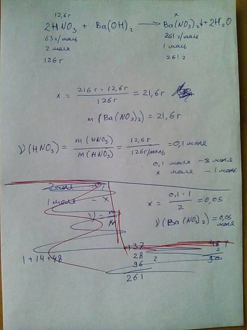Розрахувати масу і кількість речовини солі що утворюється при взаємодії 12,6 г нітратної кислоти з б