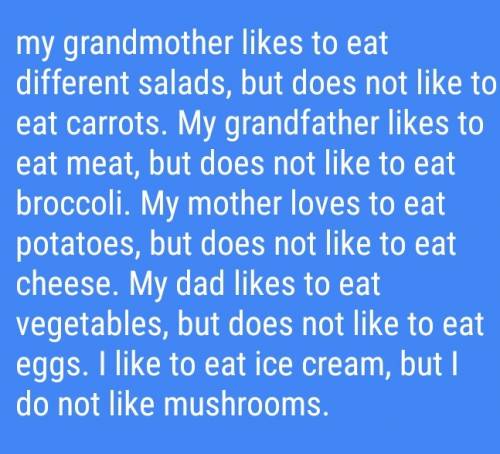 Напиши, что любят и не любят есть члены твоей семьи и твой друг. образец: my grandma likec vegetable