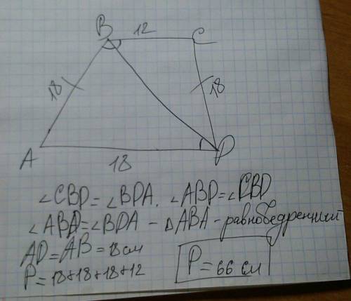 Основы ровнобочной трапеции равны 12 и 18 см,а диагональ является бесиктрисой ее тупого угола. найти