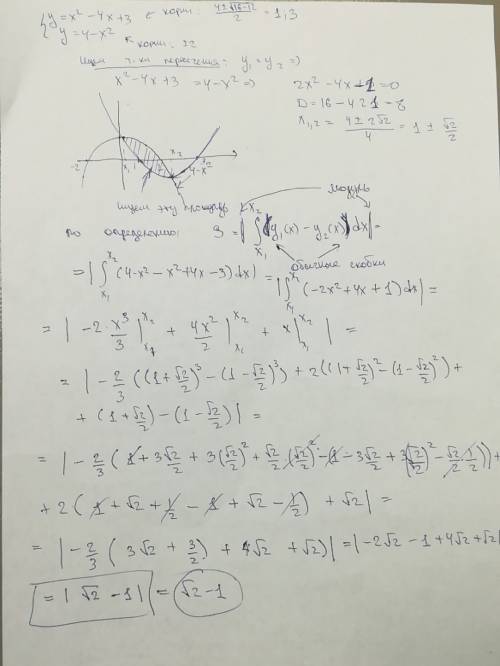 Вычислить площадь фигуры, ограниченной линиями: y=x^2-4x+3 y=4-x^2