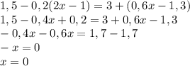 1,5-0,2(2x-1)=3+(0,6x-1,3) \\ 1,5-0,4x+0,2=3+0,6x-1,3 \\ -0,4x-0,6x=1,7-1,7 \\ -x=0 \\ x=0