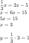 \dfrac{1}{3}x=2x-5 \\ x=6x-15 \\ 5x=15 \\ x=3 \\ \\ y= \dfrac{1}{3}\cdot3=1