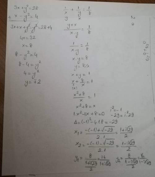 Решите систему уравнений: {3x+y^2=28 { x-y^2=4 б) {1/x+1/y=1/8 {x+y=1 решите всё подействиям и скинь