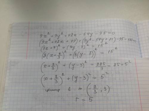 Построить окружность 9x^2 +9y^2 +42x-54y-95=0 нужно контрольная работа