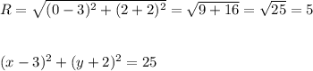 R=\sqrt{(0-3)^2+(2+2)^2}=\sqrt{9+16}=\sqrt{25}=5\\\\\\(x-3)^2+(y+2)^2=25