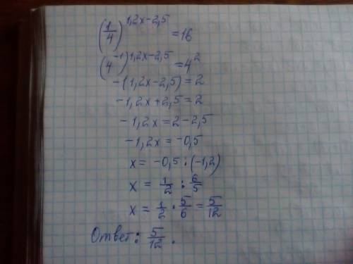 Решите уравнение (1/4)^(1,2x-2,5)=16 , , , заранее ))